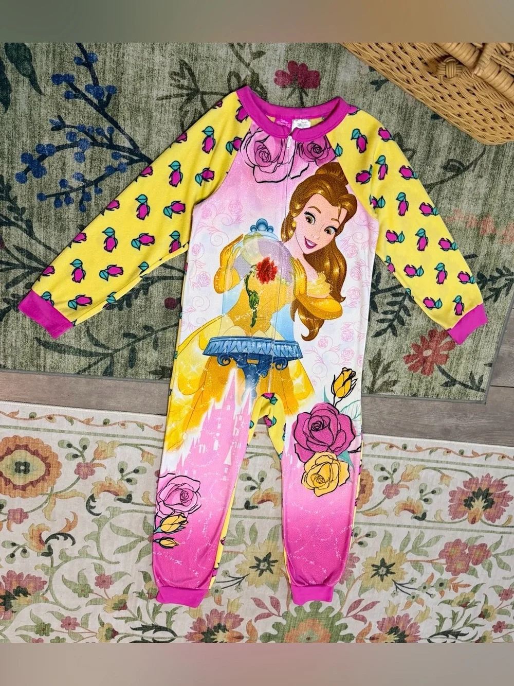 Disney Beauty & Beast Belle Zip Pajamas Fleece Onesie Princess Belle Size 6/7